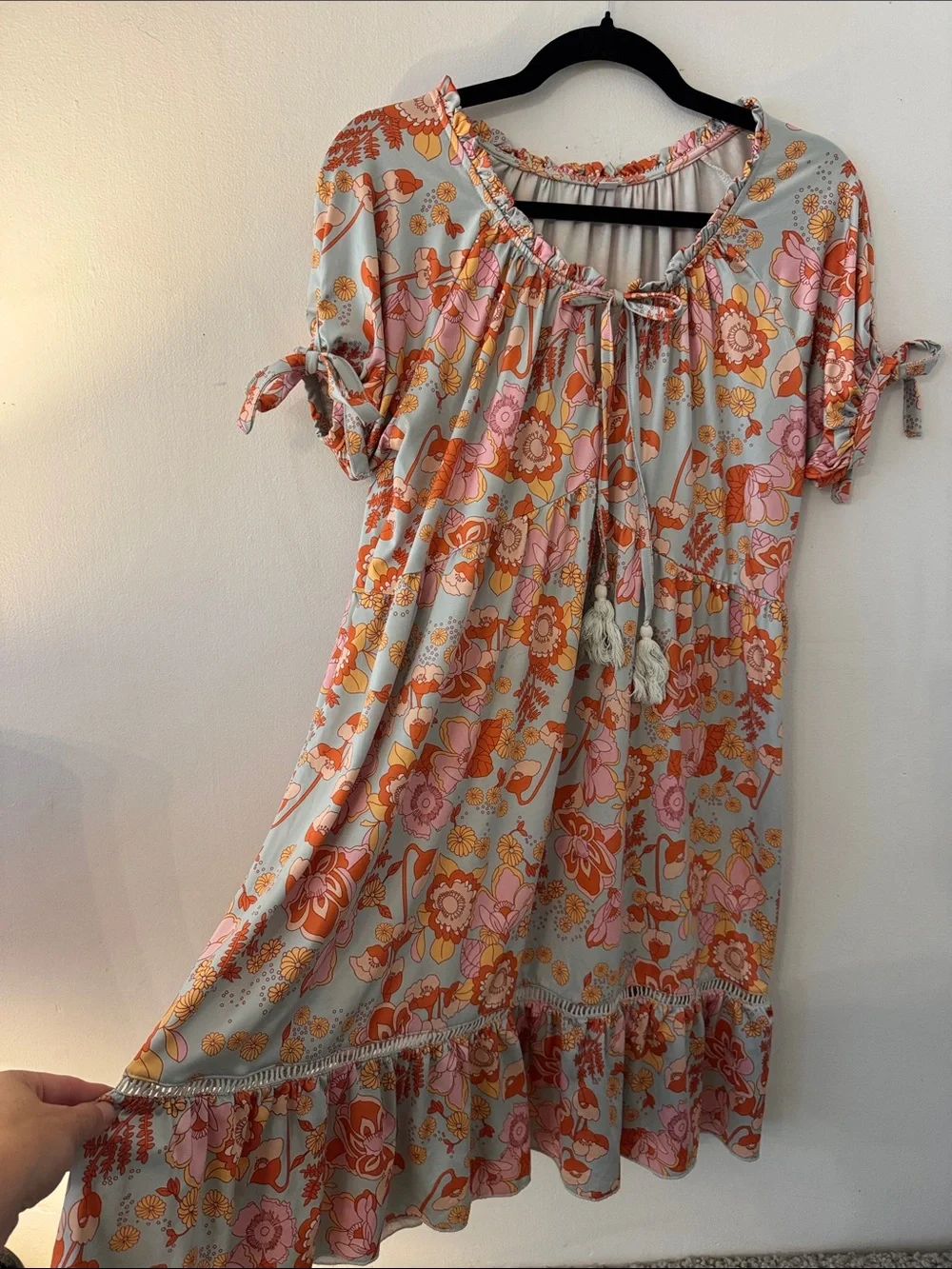 Boho Floral Tie-Front Sundress in Orange & Pink - Picture 4 of 5